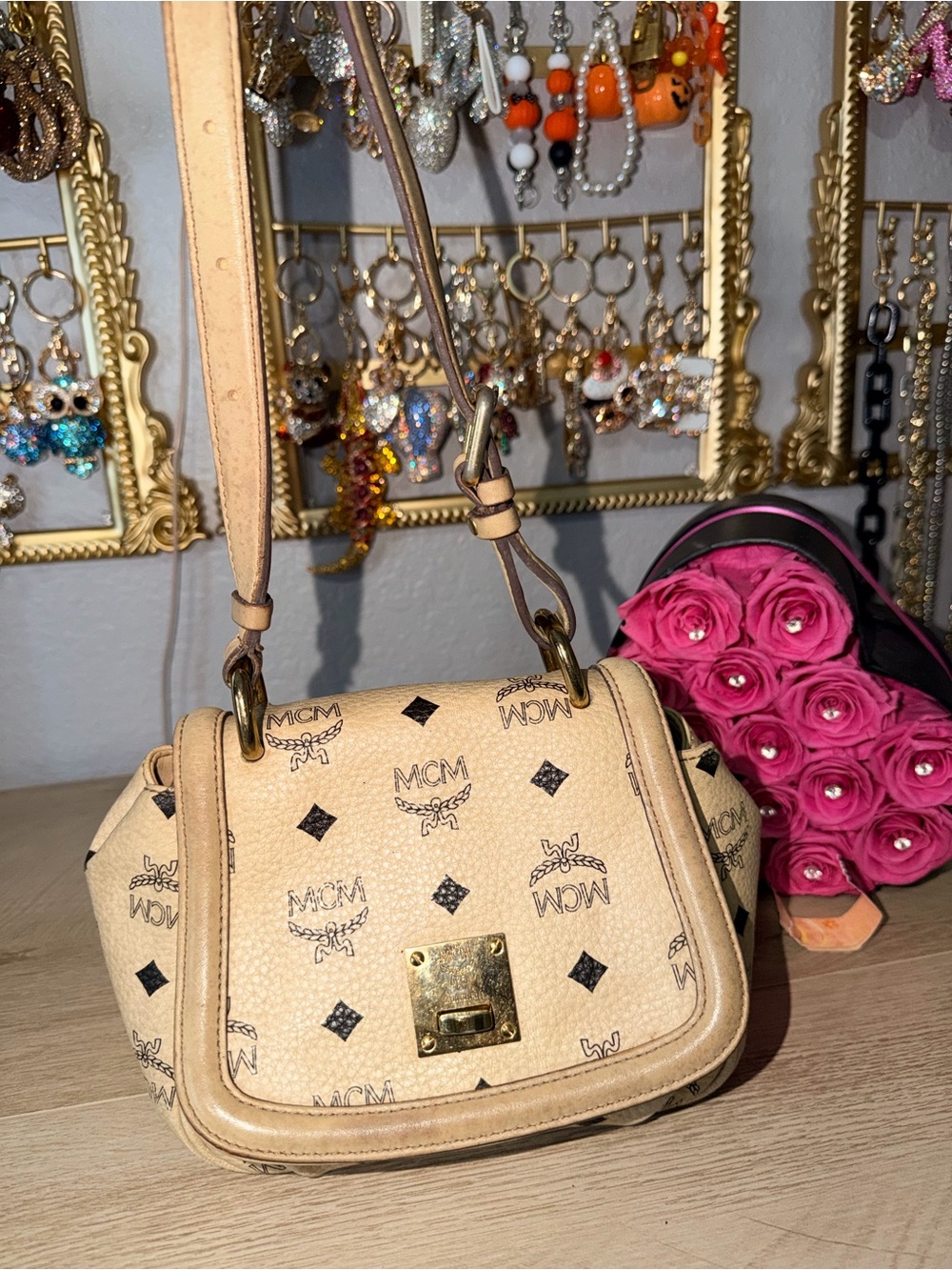 MCM Beige Logo Crossbody Satchel with Gold Hardware